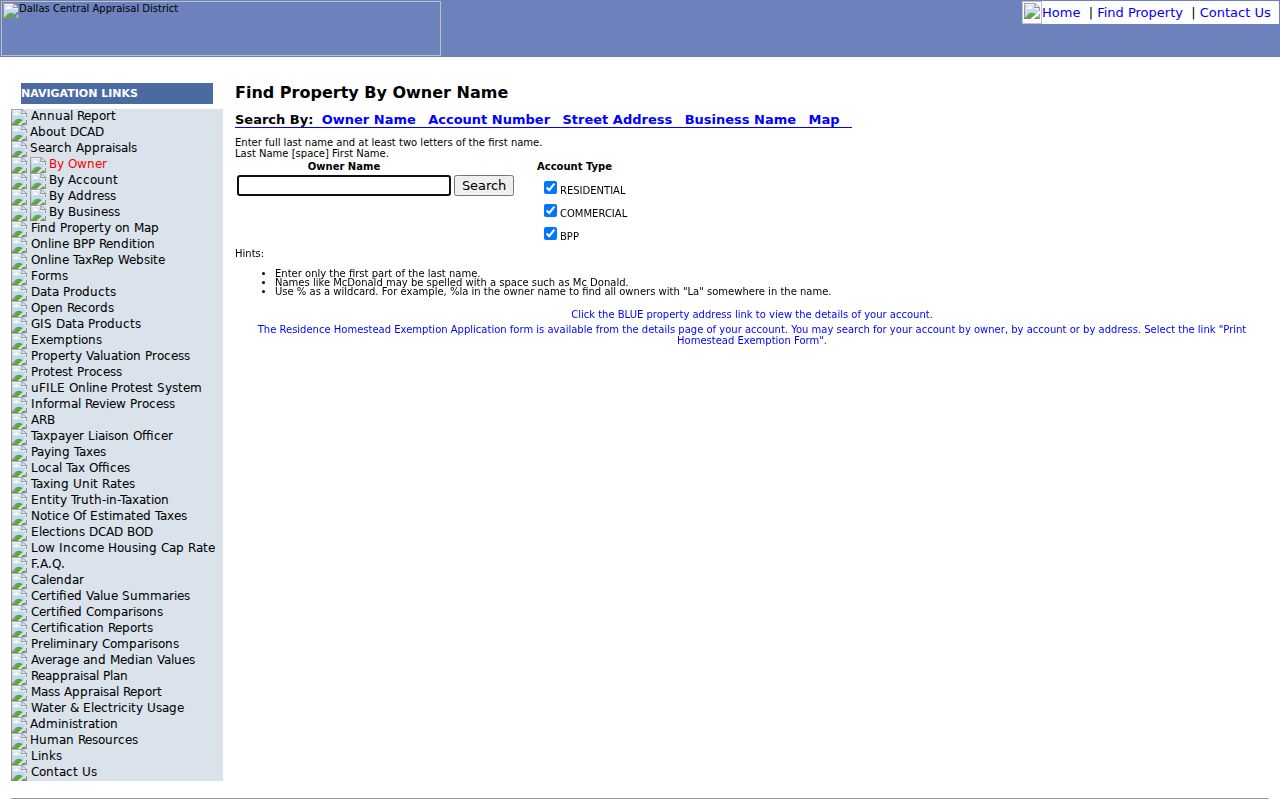 DeSoto residents directory DCAD owner search