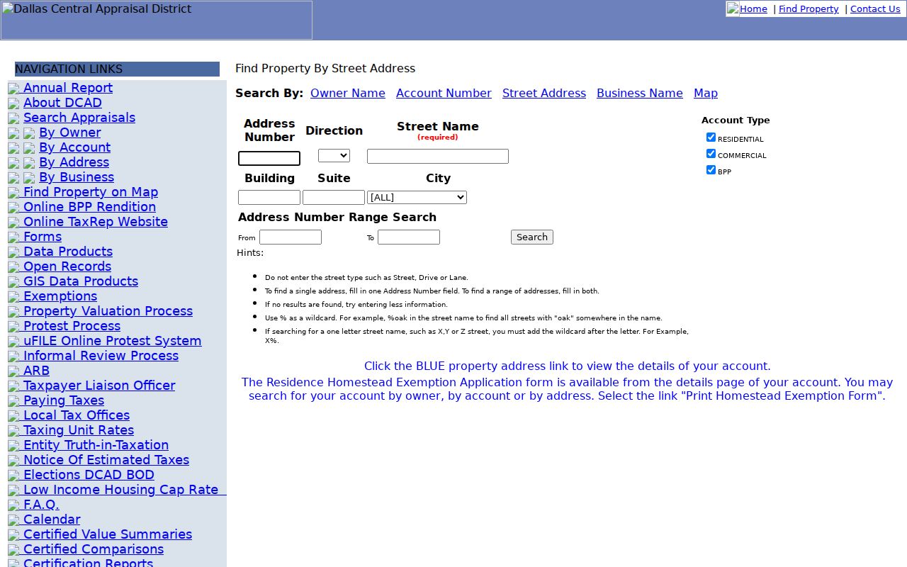 DeSoto ZIP code directory DCAD address search fields